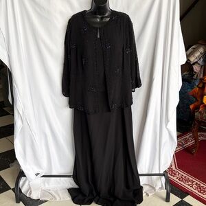 Landa long black evening gown & jacket, beaded sz 18, 20” PTP, 19” waist, 57” L